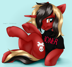 Size: 2000x1875 | Tagged: safe, artist:deadoyster, pony, unicorn, all time low, butt, clothes, commission, dyed mane, dyed tail, featureless crotch, horn, jack barakat, light blue background, male, plot, ponified, shirt, signature, simple background, sitting, smiling, solo, stallion, t-shirt, tail, underhoof, ych result