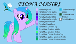 Size: 1872x1091 | Tagged: safe, artist:pootanger_sfm, oc, oc only, oc:fiona mahri, pony, unicorn, blue background, female, full body, gradient mane, gradient tail, horn, looking right, mare, one leg raised, png, purple eyes, reference sheet, show accurate, simple background, smiling, solo, standing, tail, unicorn oc