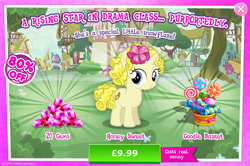 Size: 1962x1301 | Tagged: safe, gameloft, idw, honey sweet, pony, unicorn, g4, my little pony: magic princess, advertisement, basket, candy, costs real money, english, female, filly, foal, food, gem, horn, idw showified, introduction card, lollipop, mobile game, numbers, sale, solo, text