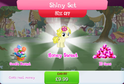 Size: 1266x856 | Tagged: safe, gameloft, idw, honey sweet, pony, unicorn, g4, my little pony: magic princess, basket, bundle, candy, costs real money, english, female, filly, foal, food, gem, horn, idw showified, lollipop, male, mobile game, numbers, sale, shiny set, solo, text