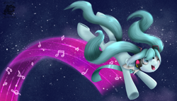 Size: 3500x2000 | Tagged: safe, artist:valemjj, earth pony, pony, anime, hatsune miku, high res, music notes, ponified, solo, space, vocaloid