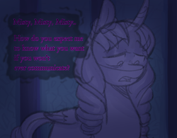 Size: 888x694 | Tagged: safe, anonymous artist, opaline arcana, alicorn, pony, series:misty pov, g5, condescending, curved horn, dialogue, eyebrows, eyebrows visible through hair, female, folded wings, gaslighting, horn, implied misty brightdawn, lidded eyes, limited palette, looking down, mare, offscreen character, opabitch, opaline's dark castle, solo, talking, wings