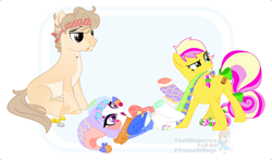 Size: 1700x1000 | Tagged: safe, artist:princeofrage, oc, oc only, oc:maxum, oc:patchesfrancesdoodlepancakeknickerbackervii, oc:strawberry b!tchcake, earth pony, pony, adoption, bits, bow, clothes, clown, clown makeup, clown nose, dragging, earth pony oc, group, hair bow, hat, headband, jester, jester hat, jingle bells, ponysona, red nose, simple background, tail, tail bow, toothpick, underhoof