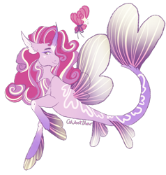 Size: 1116x1173 | Tagged: safe, artist:caliartshow, oc, oc only, alicorn, seapony (g4), adoptable, alicorn oc, clothes, colored pupils, digital art, dorsal fin, eyelashes, female, fin, fin wings, fins, fish tail, flowing mane, flowing tail, horn, looking at you, mare, mermay, pink mane, seaponified, see-through, signature, simple background, smiling, smiling at you, solo, species swap, spread wings, tail, transparent background, wings, yellow eyes