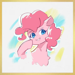 Size: 960x960 | Tagged: safe, artist:lendftcn, pinkie pie, earth pony, pony, g4, abstract background, border, bust, colored pupils, female, grin, mare, smiling, solo