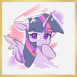 Size: 960x960 | Tagged: safe, artist:lendftcn, twilight sparkle, alicorn, pony, g4, bust, eyebrows, eyebrows visible through hair, female, floppy ears, hoof on chin, horn, mare, one wing out, solo, twilight sparkle (alicorn), wings