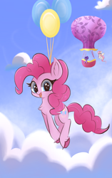 Size: 2200x3500 | Tagged: safe, artist:thebigstuff89, fluttershy, pinkie pie, twilight sparkle, earth pony, pegasus, pony, g4, balloon, chest fluff, cloud, cute, diapinkes, female, floating, flying, high res, horn, hot air balloon, looking at you, mare, open mouth, open smile, sky, smiling, smiling at you, sparkly eyes, spread wings, then watch her balloons lift her up to the sky, trio, twinkling balloon, wingding eyes, wings