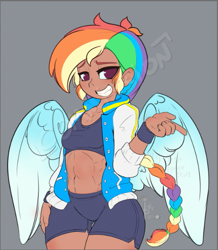 Size: 517x593 | Tagged: safe, artist:inkypuso, rainbow dash, human, g4, abs, alternate hairstyle, belly button, braid, braided ponytail, clothes, compression shorts, female, gray background, grin, humanized, looking at you, midriff, muscle fetish, muscles, ponytail, sexy, simple background, smiling, smiling at you, solo, sports bra, tan skin, tomboy, watermark, winged humanization, wings