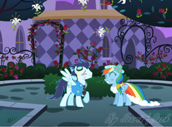 Size: 808x598 | Tagged: safe, artist:soarinldash, rainbow dash, soarin', pegasus, pony, a canterlot wedding, g4, ^^, blushing, clothes, dancing, duo, eyes closed, female, garden, male, mare, ship:soarindash, shipping, smiling, stallion, straight