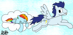 Size: 900x435 | Tagged: safe, artist:willowtails, rainbow dash, soarin', pegasus, pony, g4, cloud, female, flying, male, mare, ship:soarindash, shipping, sky, sleeping, stallion, straight