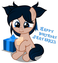 Size: 3460x3764 | Tagged: safe, artist:strategypony, oc, oc only, oc:crescend cinnamon, earth pony, pony, g4, birthday, cake, cute, earth pony oc, eating, female, filly, foal, food, happy birthday, high res, pigtails, present, simple background, solo, text, transparent background, twintails