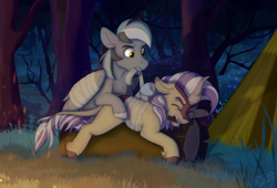 Size: 3300x2250 | Tagged: safe, artist:rutkotka, oc, oc only, oc:iron feather, oc:lotus cinder, kirin, pegasus, pony, fanfic:words of power, bandage, bandaged wing, campfire, detailed background, duo, fanfic art, female, forest background, grass, help, high res, implied shipping, kirin oc, log, male, mare, night, pegasus oc, stallion, story in the source, tent, tree, wings