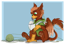 Size: 3300x2250 | Tagged: safe, artist:rutkotka, oc, oc only, griffon, behaving like a cat, clothes, commission, griffon oc, high res, hoodie, looking at something, looking down, partially open wings, passepartout, sitting, solo, three quarter view, wings, yarn, yarn ball