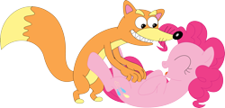 Size: 3535x1698 | Tagged: safe, artist:porygon2z, pinkie pie, earth pony, fox, pony, g4, dora the explorer, female, mare, simple background, swiper the fox, tickling, transparent background