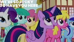 Size: 2000x1125 | Tagged: safe, edit, edited screencap, editor:quoterific, screencap, cherry berry, dizzy twister, minuette, orange swirl, rarity, spring melody, sprinkle medley, twilight sparkle, alicorn, earth pony, pegasus, pony, unicorn, g4, pinkie pride, twilight sparkle (alicorn)