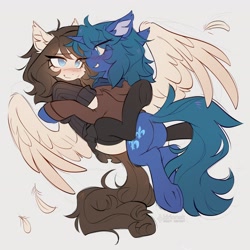 Size: 2998x2998 | Tagged: safe, artist:kirionek, oc, oc only, oc:arclight, oc:staffie, pegasus, pony, unicorn, blushing, butt, clothes, colored sketch, cuddling, duo, eyelashes, feather, female, femboy, high res, hoodie, horn, male, mare, pegasus oc, plot, shipping, sketch, stallion, straight, sweater, underhoof, unicorn oc, watermark