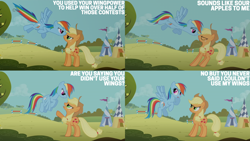 Size: 2000x1125 | Tagged: safe, edit, edited screencap, editor:quoterific, screencap, applejack, rainbow dash, earth pony, pegasus, pony, fall weather friends, g4, accusation, angry, applejack is not amused, applejack's hat, argument, cowboy hat, duo, duo female, eyes closed, female, flying, freckles, gritted teeth, hat, mare, open mouth, pointing, rainbow dash is not amused, rivalry, spread wings, teeth, unamused, wings