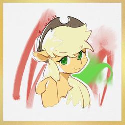 Size: 960x960 | Tagged: safe, artist:lendftcn, applejack, earth pony, pony, g4, abstract background, bust, chest fluff, eyebrows, eyebrows visible through hair, freckles, looking at you, solo