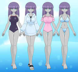 Size: 3835x3529 | Tagged: safe, artist:batipin, maud pie, human, equestria girls, g4, barefoot, belly button, big breasts, bikini, breasts, busty maud pie, cleavage, clothes, expressionless, feet, female, high res, hoodie, lidded eyes, looking at you, multiple images, one-piece swimsuit, pose, sandals, solo, swimsuit