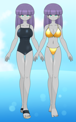 Size: 2203x3529 | Tagged: safe, alternate version, artist:batipin, maud pie, human, equestria girls, g4, barefoot, belly button, big breasts, bikini, breasts, busty maud pie, cleavage, clothes, expressionless, feet, female, high res, lidded eyes, looking at you, multiple images, one-piece swimsuit, pose, sandals, solo, swimsuit