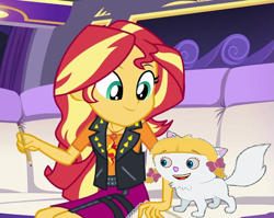 Size: 807x643 | Tagged: safe, edit, edited screencap, editor:incredibubbleirishguy, screencap, sunset shimmer, cat, human, driving miss shimmer, driving miss shimmer: rarity, equestria girls, g4, my little pony equestria girls: better together, annie (little einsteins), blonde hair, cropped, crossover, female, geode of empathy, kitten, limousine, little einsteins, magical geodes, owner, pencil, pet, pigtails, seat, species swap, white fur