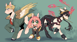 Size: 3600x2000 | Tagged: safe, artist:yuyusunshine, pegasus, pony, unicorn, anime, anya forger, female, filly, foal, high res, loid forger, magic, male, mare, ponified, spy x family, stallion, trio, yor forger
