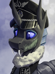 Size: 3120x4200 | Tagged: safe, artist:stardustspix, oc, changeling, equestria at war mod, abstract background, blue changeling, bust, clothes, coat, colored eyebrows, colored eyelashes, fangs, frown, germany, hat, high res, looking at you, male, military uniform, portrait, scar, solo, uniform, wehrmacht