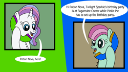 Size: 1920x1080 | Tagged: safe, artist:platinumdrop, minty (g4), potion nova, g4, g4.5, my little pony: pony life, dialogue, g4.5 to g4, generation leap, phone, request, speech bubble