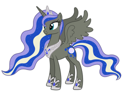 Size: 5405x4062 | Tagged: source needed, safe, anonymous artist, oc, oc only, oc:crown princess perigee moonshine, alicorn, pony, g4, absurd resolution, alicorn oc, closed mouth, crown, crown princess, ethereal mane, ethereal tail, eyebrows, eyelashes, eyes open, eyeshadow, female, happy, hoof shoes, horn, jewelry, makeup, mare, mare of the moon, nostrils, offspring, parent:king equus, parent:princess luna, parents:canon x oc, parents:equuna, pony oc, princess, product of incest, regalia, royalty, show accurate, simple background, smiling, solo, spread wings, standing, tail, text, transparent background, vector, wings