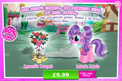Size: 1958x1304 | Tagged: safe, gameloft, petunia petals, earth pony, pony, g4, my little pony: magic princess, advertisement, bouquet, bouquet of flowers, clothes, costs real money, english, female, flower, flower in hair, freckles, introduction card, mare, mobile game, numbers, sale, solo, text