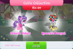 Size: 1263x854 | Tagged: safe, gameloft, petunia petals, earth pony, pony, g4, my little pony: magic princess, bouquet, bundle, clothes, costs real money, cutie collection, english, female, flower, flower in hair, freckles, mare, mobile game, numbers, sale, solo, text