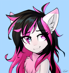 Size: 2712x2876 | Tagged: safe, artist:cmdrtempest, oc, oc:lunylin, pegasus, pony, :3, ahoge, blue background, chest fluff, colored belly, colored chest fluff, colored eartips, ear fluff, ear markings, eye clipping through hair, eyebrows, eyebrows visible through hair, facial markings, female, half body, heterochromia, high res, looking away, looking back, mare, multicolored hair, reverse countershading, simple background, smiling, solo, two toned mane