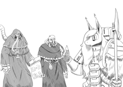 Size: 1280x905 | Tagged: safe, artist:darkhestur, oc, oc:dark, bat pony, cyborg, anthro, adeptus mechanicus, anthro oc, armor, axe, bat pony oc, black and white, cables, crossover, grayscale, incence spreader, iron priest, magos, monochrome, multiple characters, power armor, scroll, simple background, space marine, tunic, warhammer (game), warhammer 40k, weapon, white background