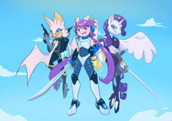 Size: 1066x750 | Tagged: safe, artist:roboprismproductions, rarity, alicorn, bat, dragon, anthro, g4, alicornified, armor, armorarity, determined, female, floating, flying, freedom planet, gun, jetpack, looking at you, race swap, rapier, raricorn, rocket knight, rouge the bat, sash lilac, sky, sky background, sonic the hedgehog (series), spread wings, sword, trio, trio female, weapon, wings