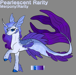 Size: 899x889 | Tagged: safe, artist:kosmicdragonart, rarity, hybrid, kirin, merpony, seapony (g4), unicorn, g4, blue eyes, blue tail, cloven hooves, curved horn, digital art, dorsal fin, eyelashes, female, fin, fins, fish tail, floppy ears, flowing mane, flowing tail, gray background, horn, kirin rarity, looking at you, mare, seaponified, seapony rarity, simple background, smiling, smiling at you, solo, species swap, tail