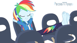 Size: 1094x618 | Tagged: safe, artist:paco777yuyu, rainbow dash, human, equestria girls, g4, barefoot, blue, clothes, cute, feet, feet up, female, fetish, foot fetish, foot focus, rainbow, relaxing, shoes, simple background, solo, transparent background