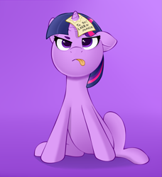 Size: 979x1075 | Tagged: safe, artist:waffletheheadmare, twilight sparkle, pony, unicorn, g4, female, filly, filly twilight sparkle, floppy ears, horn, horn impalement, intentional spelling error, misspelling, one ear down, paper, silly, silly pony, simple background, sitting, solo, text, tongue out, unicorn twilight, younger