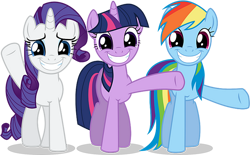 Size: 1042x644 | Tagged: safe, artist:tomfraggle, edit, editor:incredibubbleirishguy, vector edit, rainbow dash, rarity, twilight sparkle, pegasus, pony, unicorn, dragon quest, g4, fake smile, female, forced smile, mare, simple background, smile and wave, smiling, transparent background, trio, trio female, unicorn twilight, vector, waving