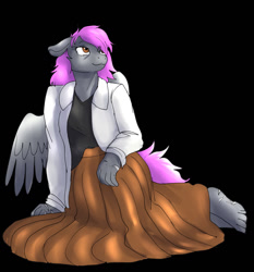 Size: 1192x1280 | Tagged: safe, artist:ketzel99, artist:ketzelfeathers, oc, oc only, oc:crash dive, pegasus, anthro, barefoot, black background, clothes, coat, dress, feet, female, lab coat, relaxing, scar, simple background, solo