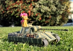 Size: 3309x2294 | Tagged: safe, artist:dingopatagonico, apple bloom, earth pony, pony, g4, high res, panther tank, photo, solo, tank (vehicle), toy