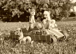 Size: 4000x2882 | Tagged: safe, artist:dingopatagonico, apple bloom, applejack, big macintosh, earth pony, pony, g4, panther tank, panzer, photo, sepia, tank (vehicle), toy