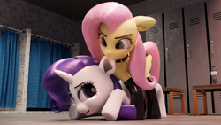 Size: 3840x2160 | Tagged: safe, anonymous artist, fluttershy, rarity, pegasus, pony, g4, 3d, 3d model, biting, clothes, duo, ear bite, female, gachimuchi, high res, latex, latex socks, locker room, mare, pink mane, pink tail, playful, render, renderman, socks, tail, water bottle, wings, yellow coat