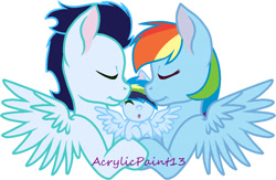Size: 1024x669 | Tagged: safe, artist:acrylicpaint13, rainbow dash, soarin', oc, pegasus, pony, g4, baby, baby pony, carrying, eyes closed, female, filly, foal, male, mare, momma dash, offspring, parent:rainbow dash, parent:soarin', parents:soarindash, ship:soarindash, shipping, simple background, stallion, straight, white background