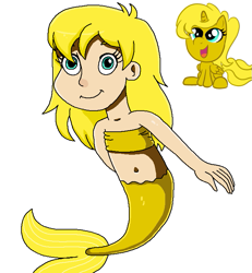 Size: 673x727 | Tagged: safe, artist:ocean lover, oc, oc only, oc:ticket, alicorn, human, mermaid, bandeau, bare shoulders, belly, belly button, blonde, blonde hair, child, fish tail, human coloration, humanized, light skin, looking up, mermaid tail, mermaidized, mermay, midriff, ms paint, reference used, simple background, sleeveless, smiling, species swap, tail, teal eyes, white background