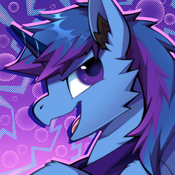 Size: 1000x1000 | Tagged: safe, artist:breloomsgarden, oc, oc only, oc:bak, pony, unicorn, blue background, blue mane, chest fluff, ear fluff, horn, icon, purple background, purple eyes, purple mane, simple background, unicorn oc