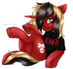 Size: 2000x1875 | Tagged: safe, alternate version, artist:deadoyster, pony, unicorn, all time low, butt, clothes, commission, dyed mane, dyed tail, featureless crotch, horn, jack barakat, male, plot, ponified, shirt, signature, simple background, sitting, smiling, solo, stallion, t-shirt, tail, transparent background, underhoof, ych result