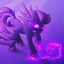 Size: 2500x2500 | Tagged: safe, artist:shad0w-galaxy, oc, oc only, oc:shadow galaxy, pegasus, pony, chest fluff, cute, ear fluff, ethereal mane, ethereal tail, female, glowing, glowing eyes, high res, hooves, magic, mare, raised hoof, shoulder fluff, solo, spread wings, starry eyes, starry mane, starry tail, tail, unshorn fetlocks, wingding eyes, wings