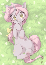 Size: 1000x1414 | Tagged: safe, artist:yanamosuda, oc, oc only, pony, unicorn, bow, hair bow, solo