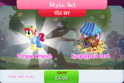 Size: 1268x853 | Tagged: safe, gameloft, torque wrench, earth pony, pony, g4, my little pony: magic princess, bundle, clothes, costs real money, english, female, mare, mobile game, numbers, overalls, sale, solo, style set, text