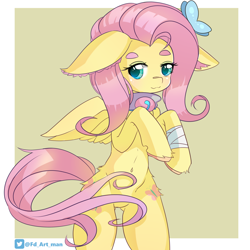 Size: 3000x3000 | Tagged: safe, artist:fd, fluttershy, butterfly, pegasus, pony, semi-anthro, g4, :3, bandage, bandaged hoof, bandaged leg, belly button, bipedal, colored ear fluff, colored eyebrows, colored hooves, colored lineart, colored pupils, eyebrows, eyelashes, feathered wings, female, floppy ears, high res, hoof fluff, long mane, long tail, loose hair, mare, nya, pink mane, raised hooves, simple background, solo, standing on two hooves, tail, wings
